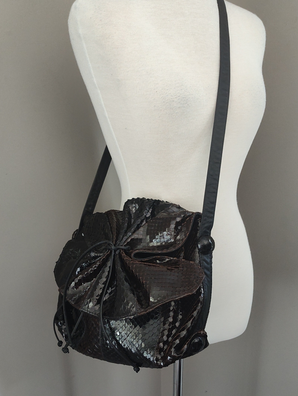 Carlos Falchi Black Brown Snakeskin Butterfly Vintage Drawstring Crossbody Bag